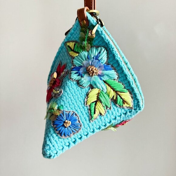 RIIR Blue Woven Floral Embroidered Unique Triangular Wristlet Bag - Picture 2 of 8